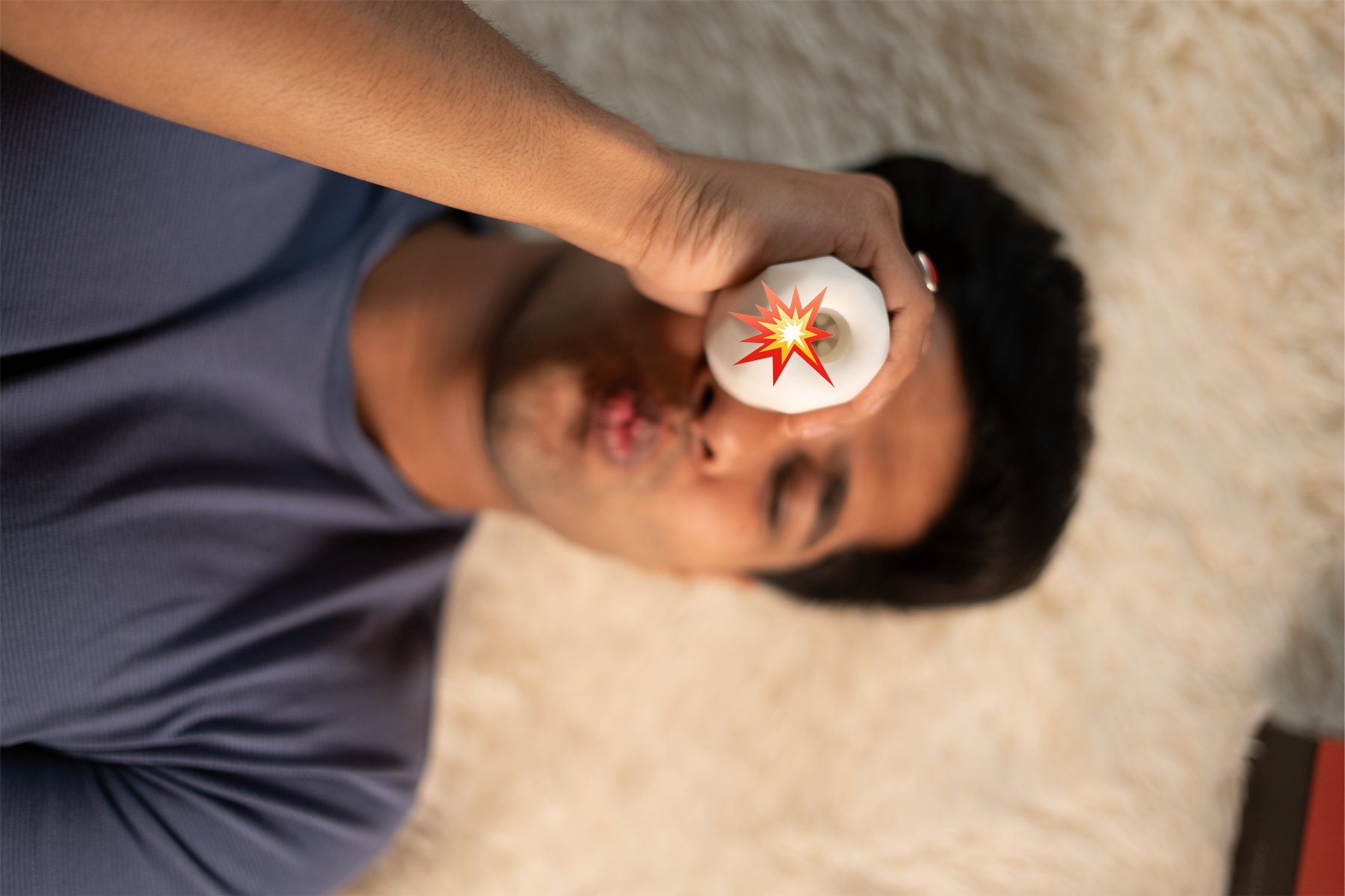 Man using Post Nut Clarity by Thirdbase in bedroom